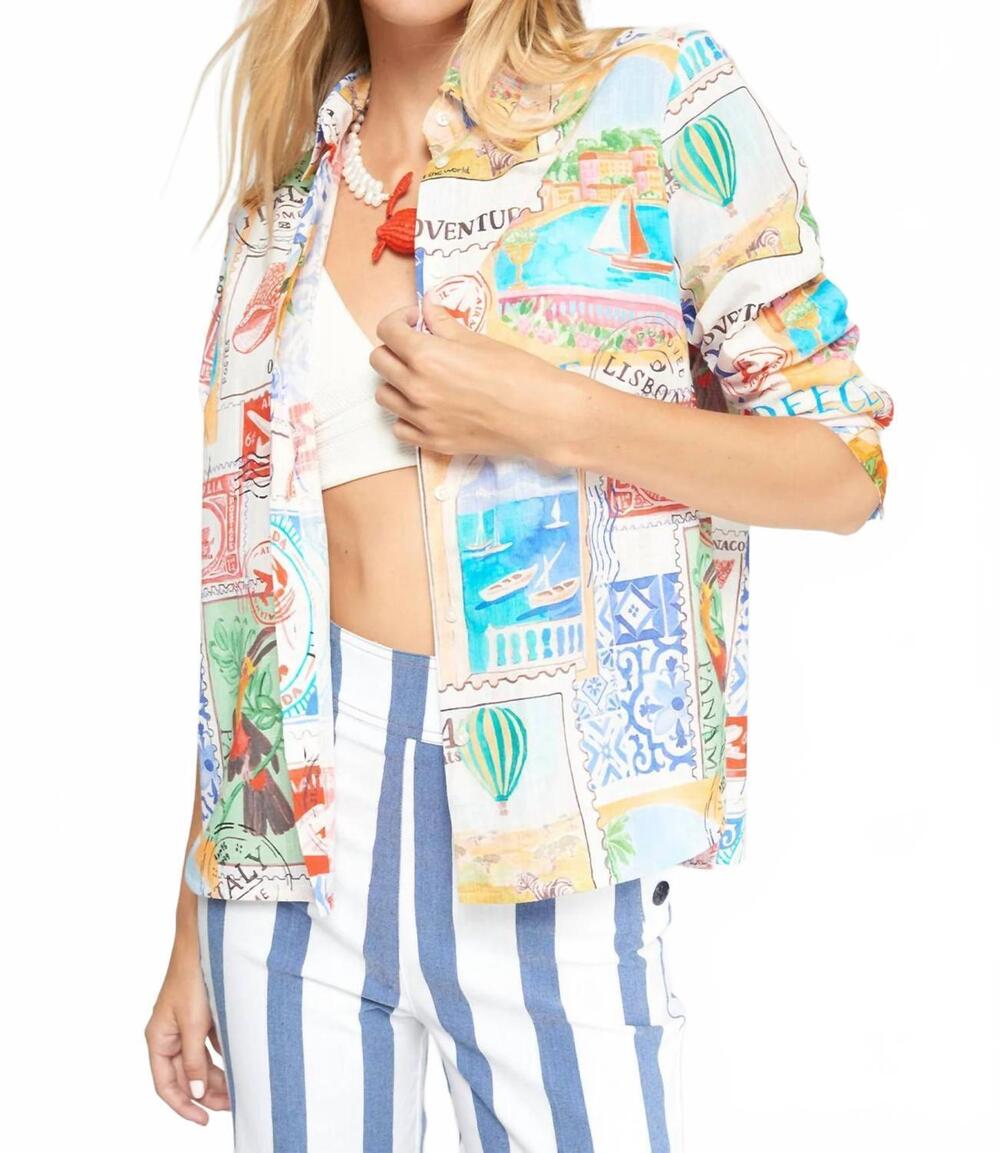 NEW VILAGALLO sara travel stamps print cotton shirt in sellos viaje